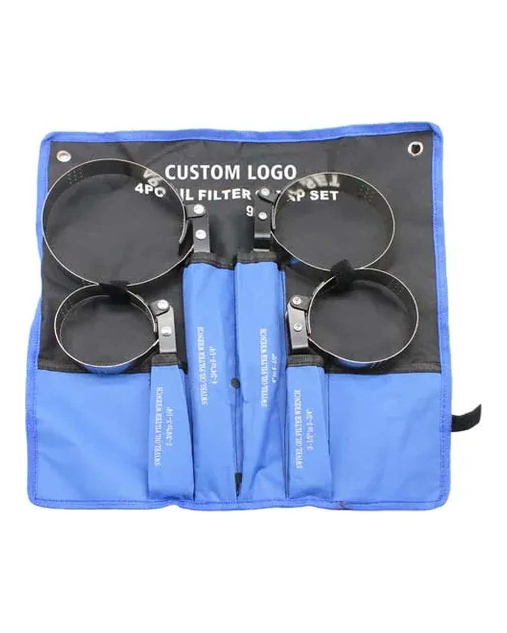 Stainless steel oil filter wrench set in blue pouch