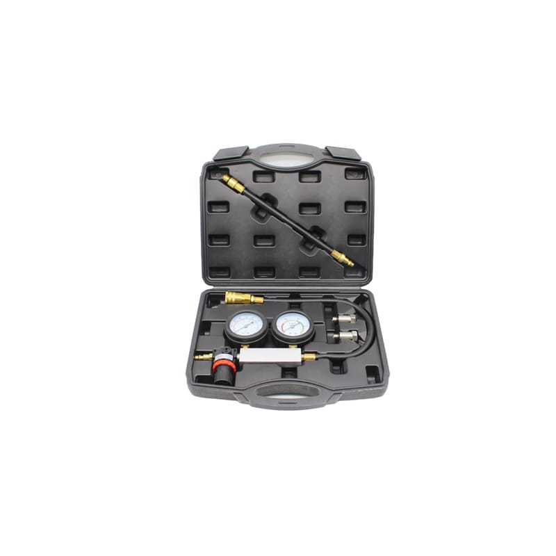 TU-21 cylinder leak detector kit with pressure gauge and spark plug adapters in blow case