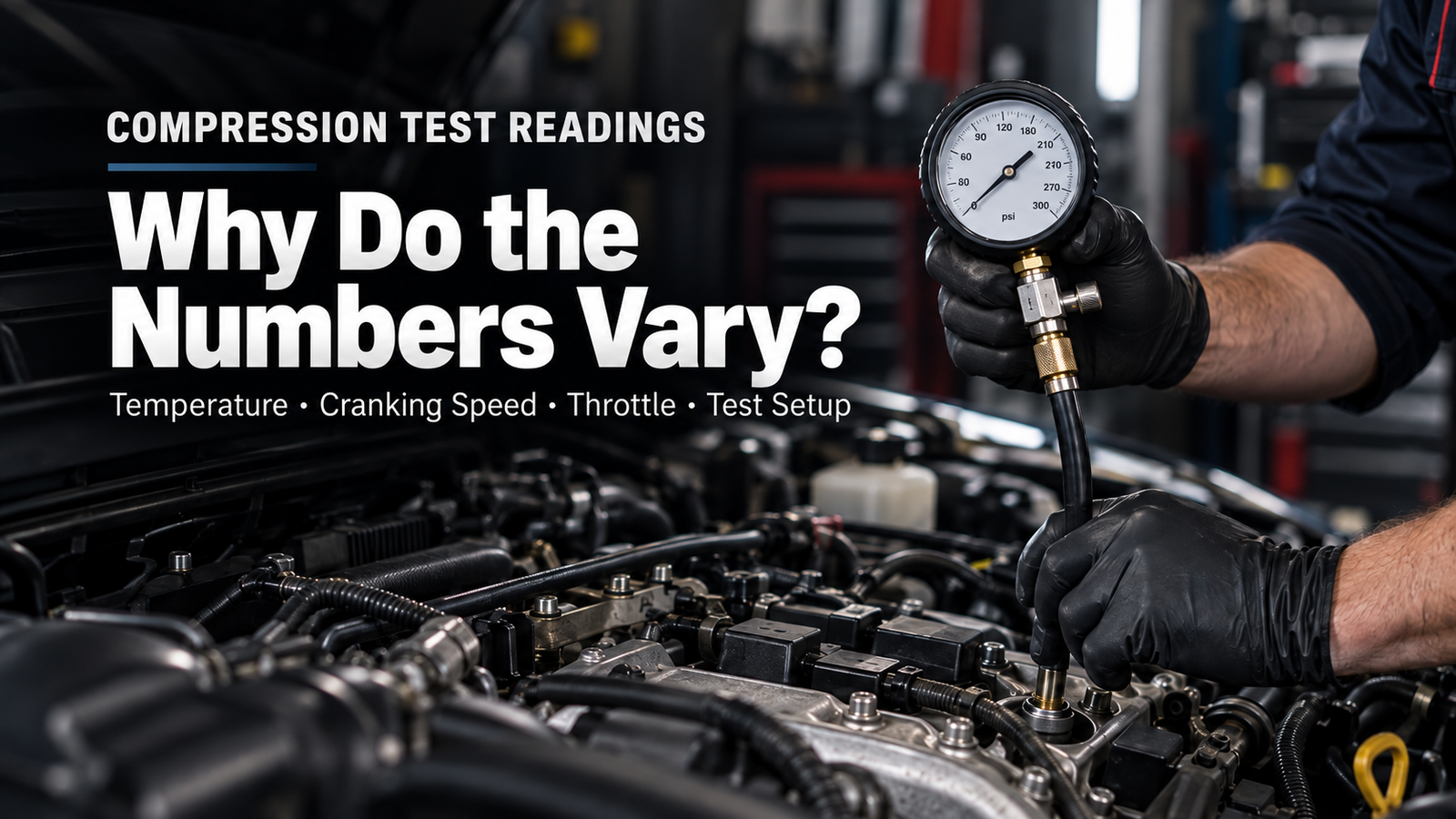 Compression gauge connected to an engine during a compression test, readings vary with test conditions
