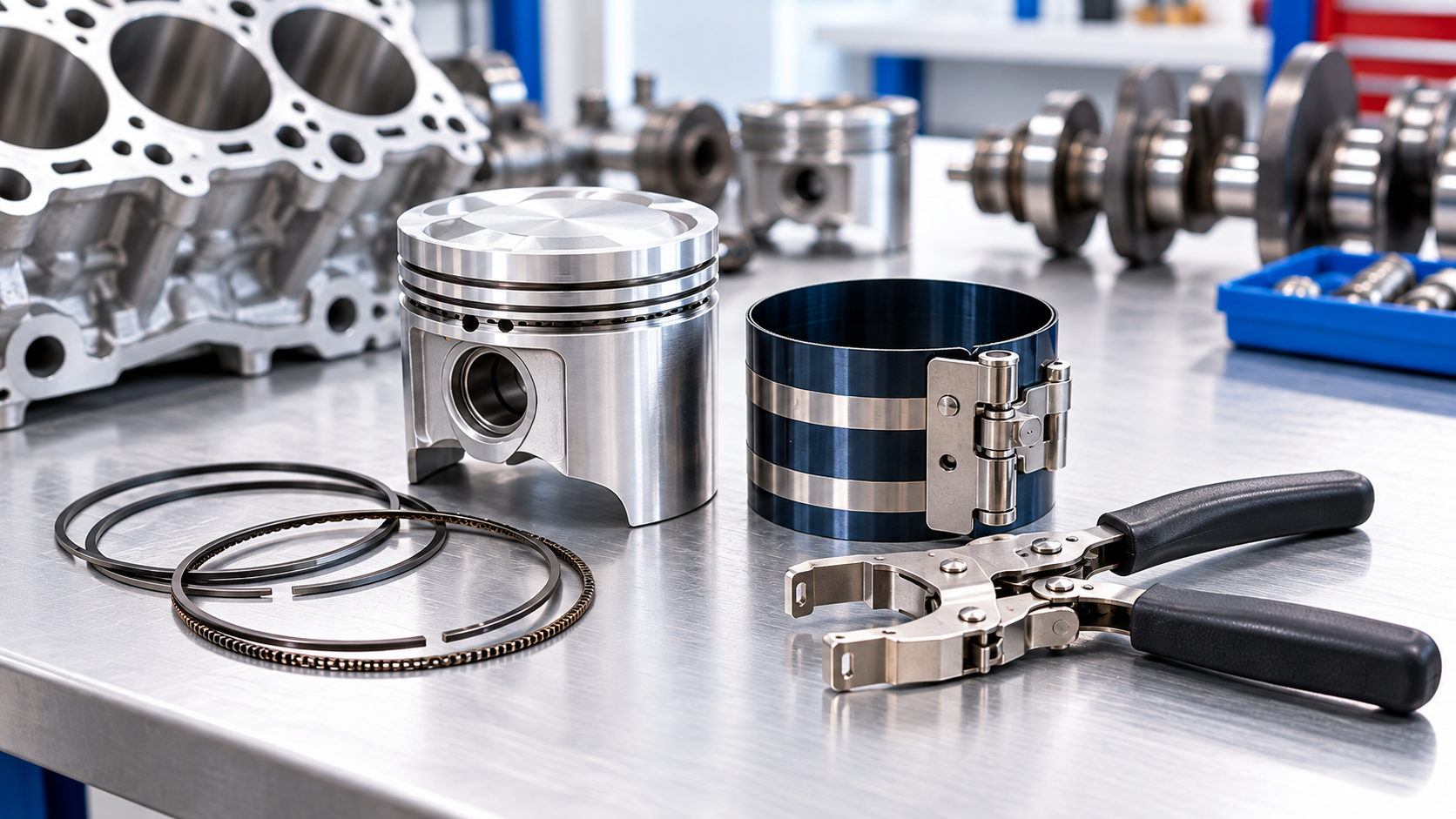 Silver piston with rings, a piston ring compressor band and ratcheting plier on a bright brushed-aluminum engine rebuild bench