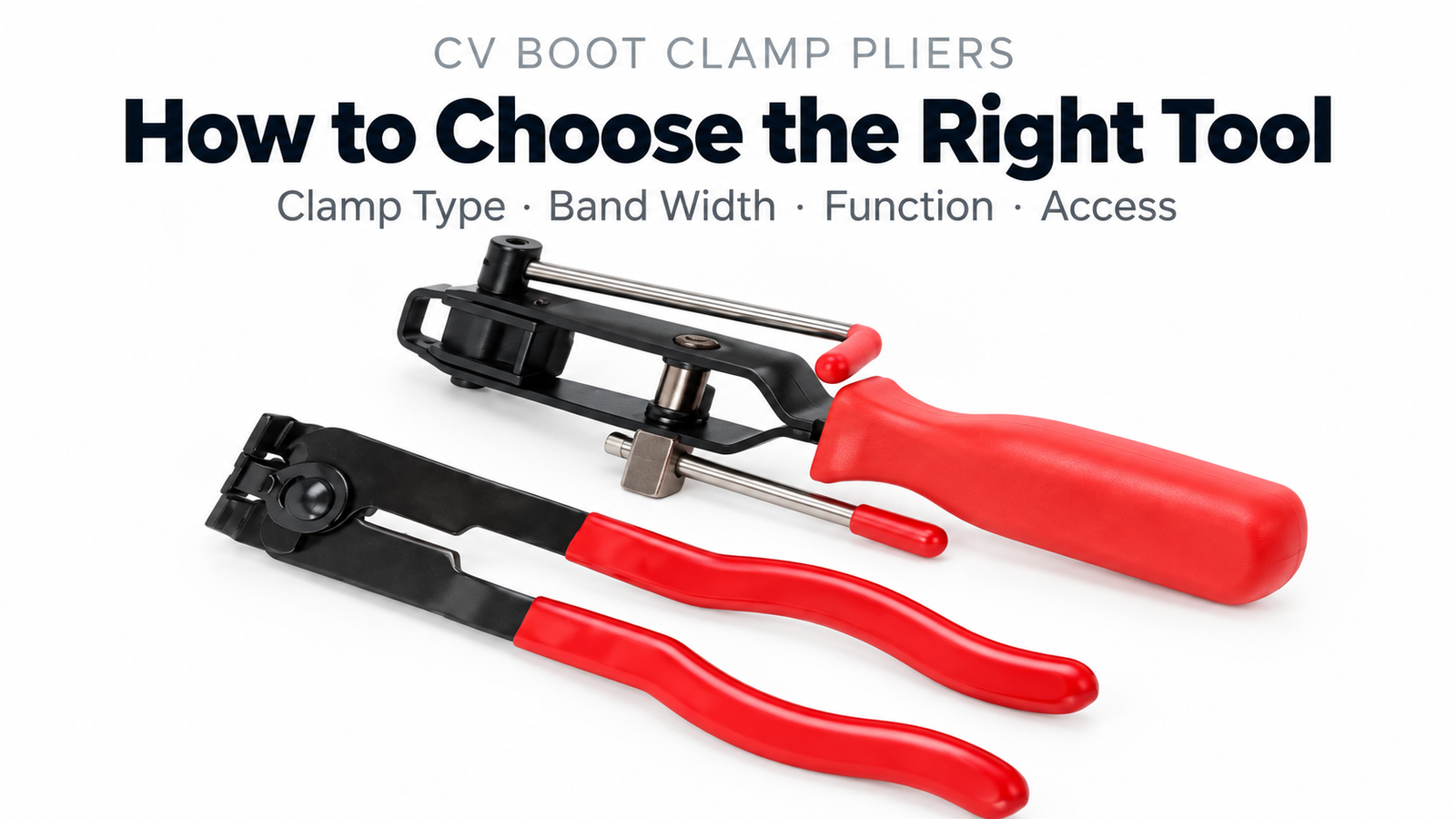 The FJ05-067 CV joint clamp banding tool with cutter and ear-type boot clamp plier shown side by side on a bright background