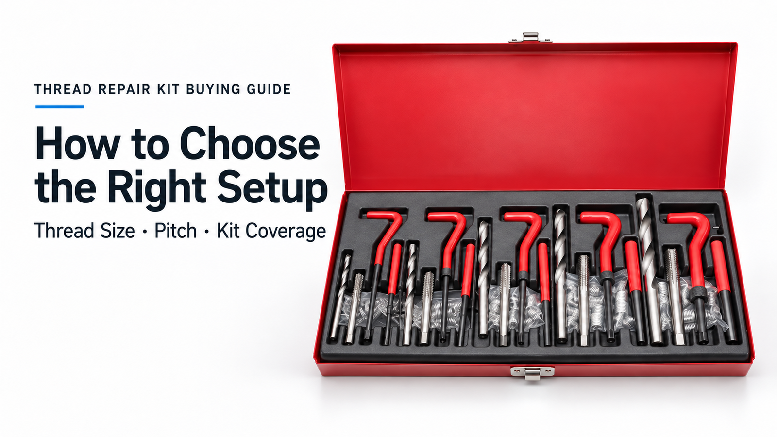 An open thread repair kit with wire thread inserts, taps, drill bits and installation tools laid out on a bright background