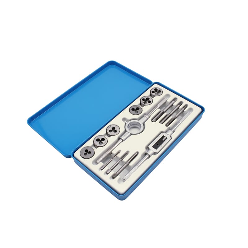 14-piece metric tap and die set with taps, dies, die handle and tap wrench in a steel box