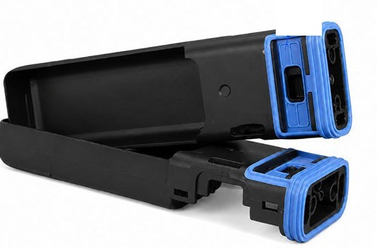 Custom connector housings overmolded with blue LSR silicone