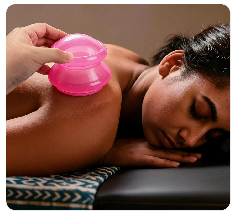 Liquid silicone cupping tool used on shoulder and back for massage
