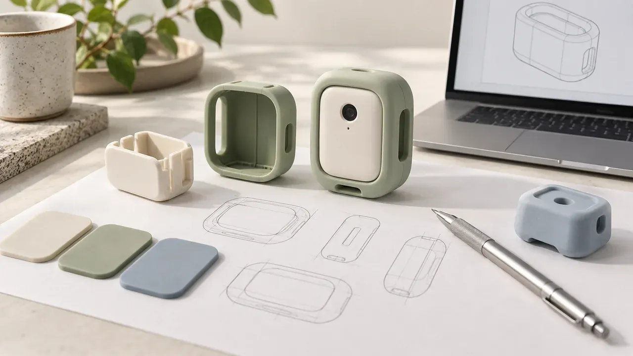Concept illustration of a product concept review with sketches, prototype and drawings