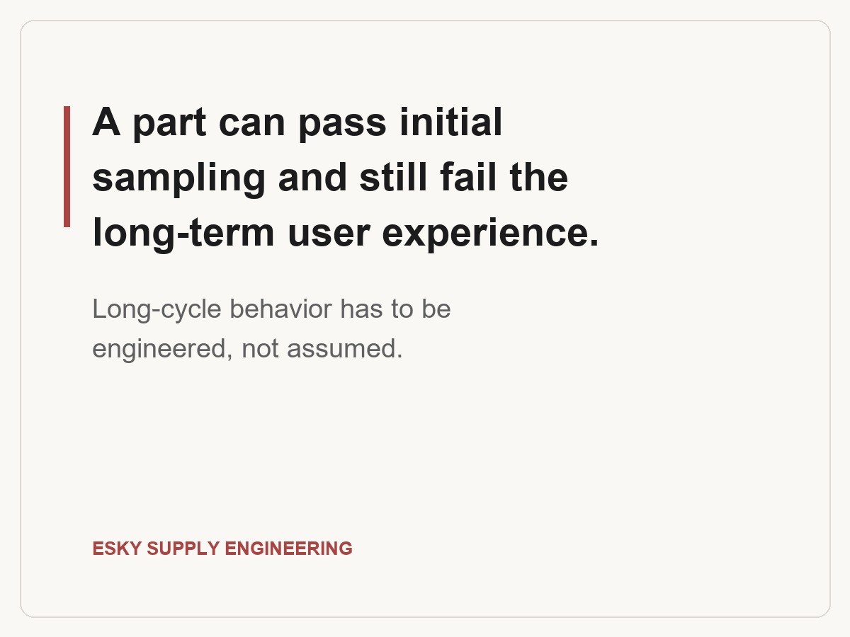 Key takeaway: a part can pass initial sampling and still fail the long-term user experience - long-cycle behavior has to be engineered, not assumed.