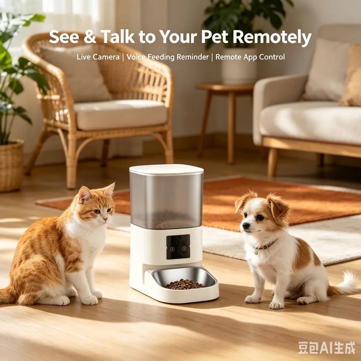 Cat and dog eating from the CW-W2408 square bowl video feeder
