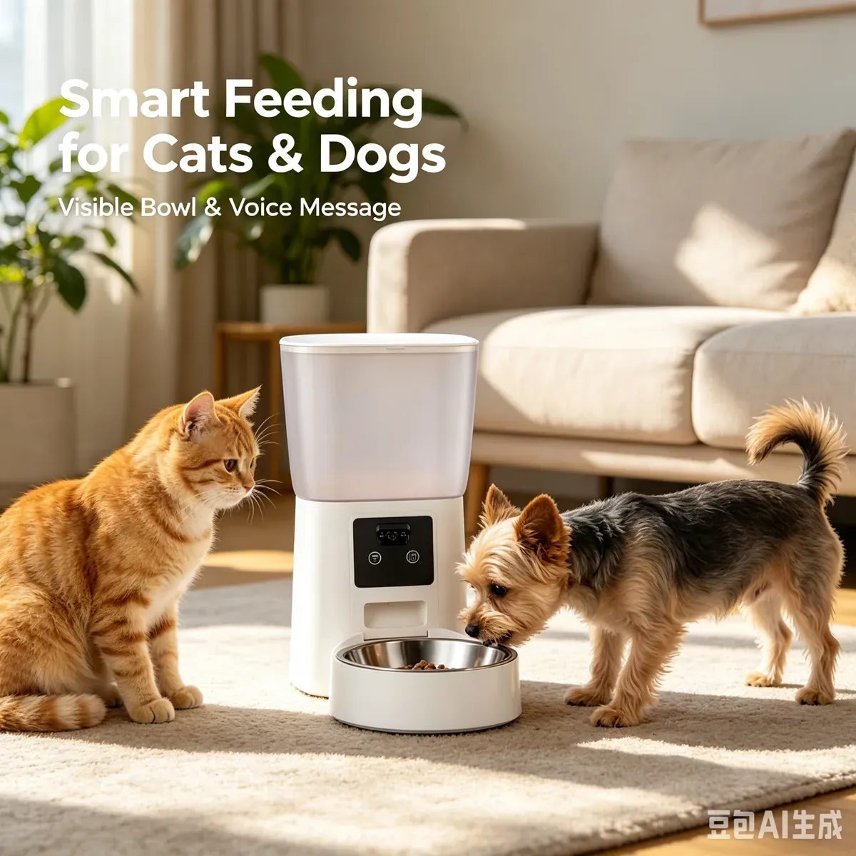 Cats and dogs eating from the CW-W2409S video feeder