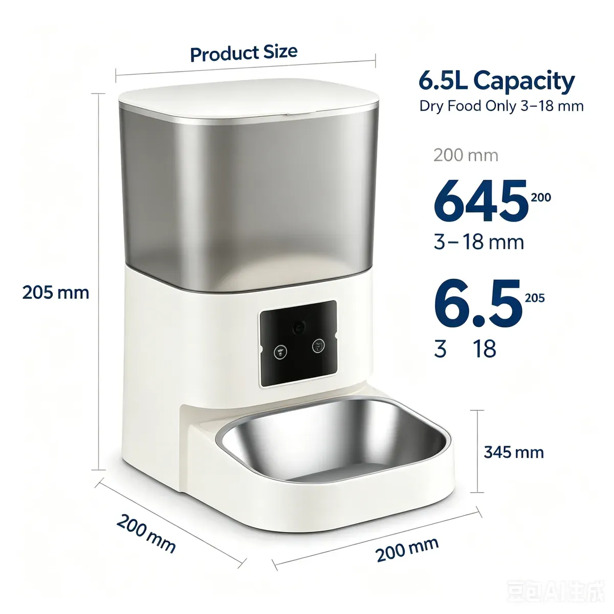 6.5L capacity and dimensions of the CW-W2408 square bowl feeder