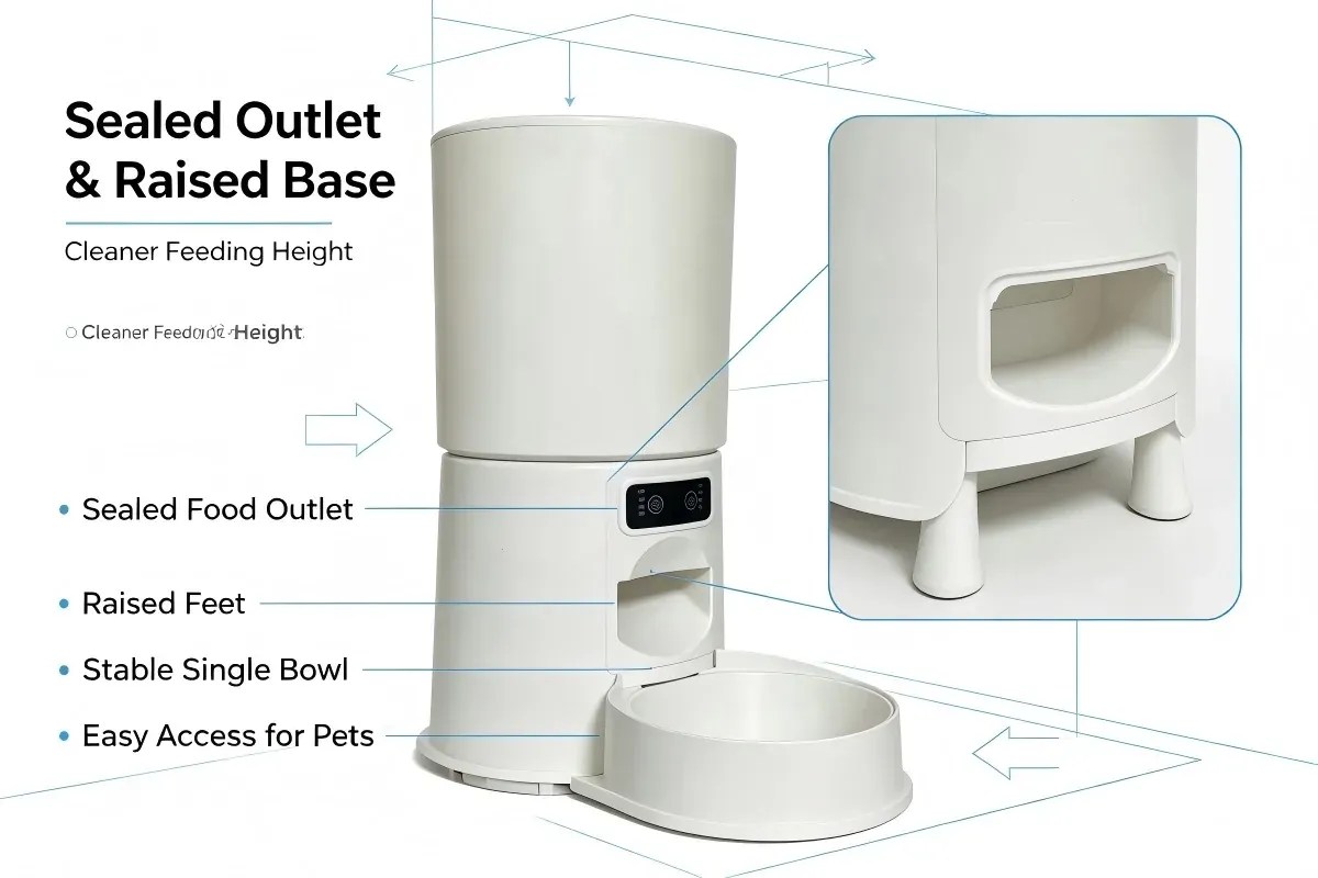Sealed food outlet on a button-control pet feeder