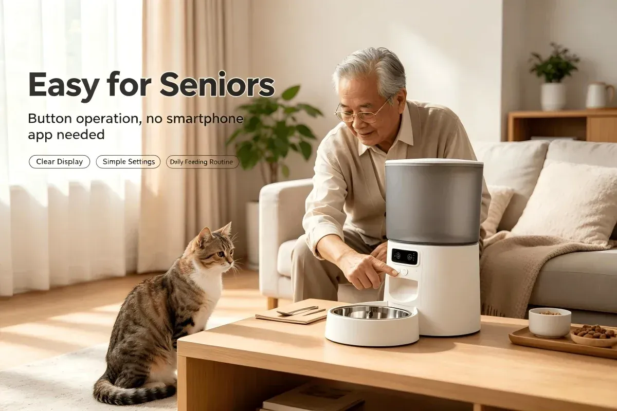 Senior pet owner using the simple CW-W2510 button feeder