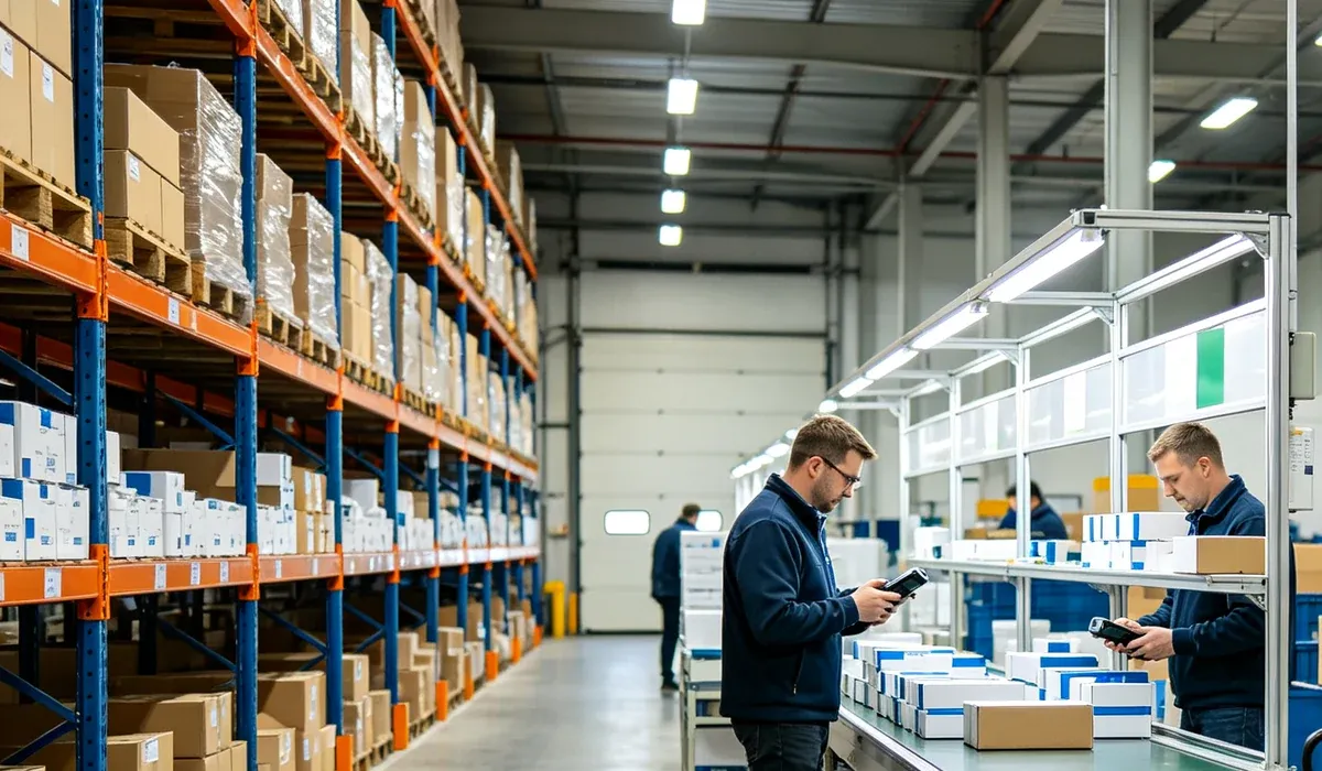 Warehouse racking and packaging line for customer orders