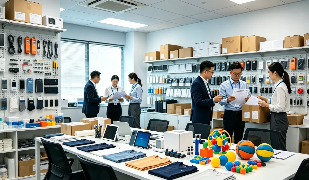 6688 Buying & Purchasing team in a Shenzhen sourcing office reviewing orders and product samples
