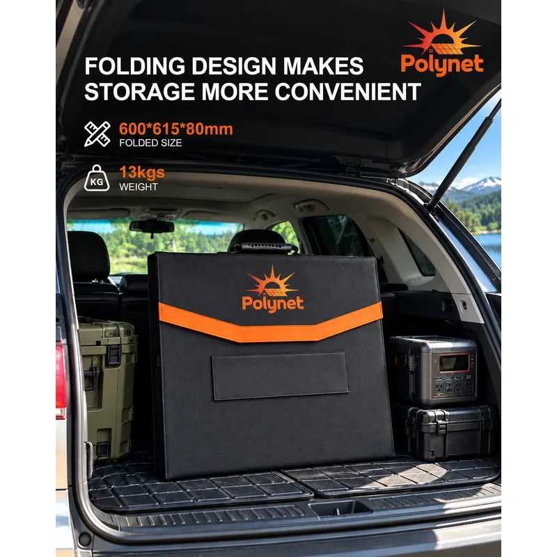 600W PN-FR600B folded to 600x615x80 mm in a vehicle cargo area