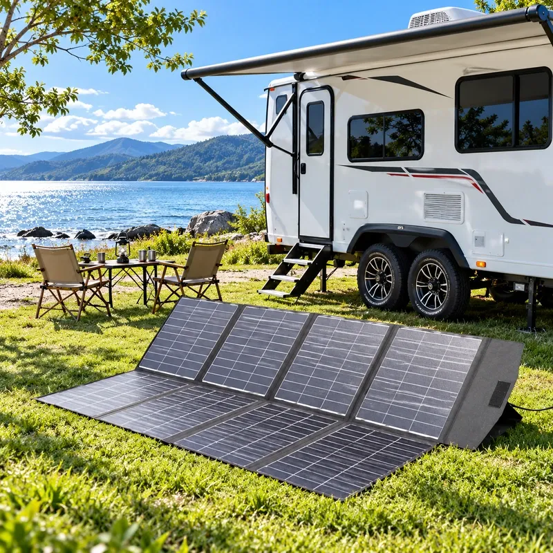 sewn foldable panel deployed beside an RV at a lakeside campsite