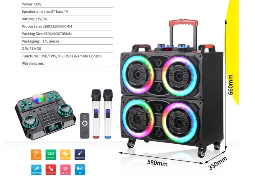 Wasen karaoke party speaker system with 4x 8 inch wooden cabinet, dual wireless microphones and mixing console