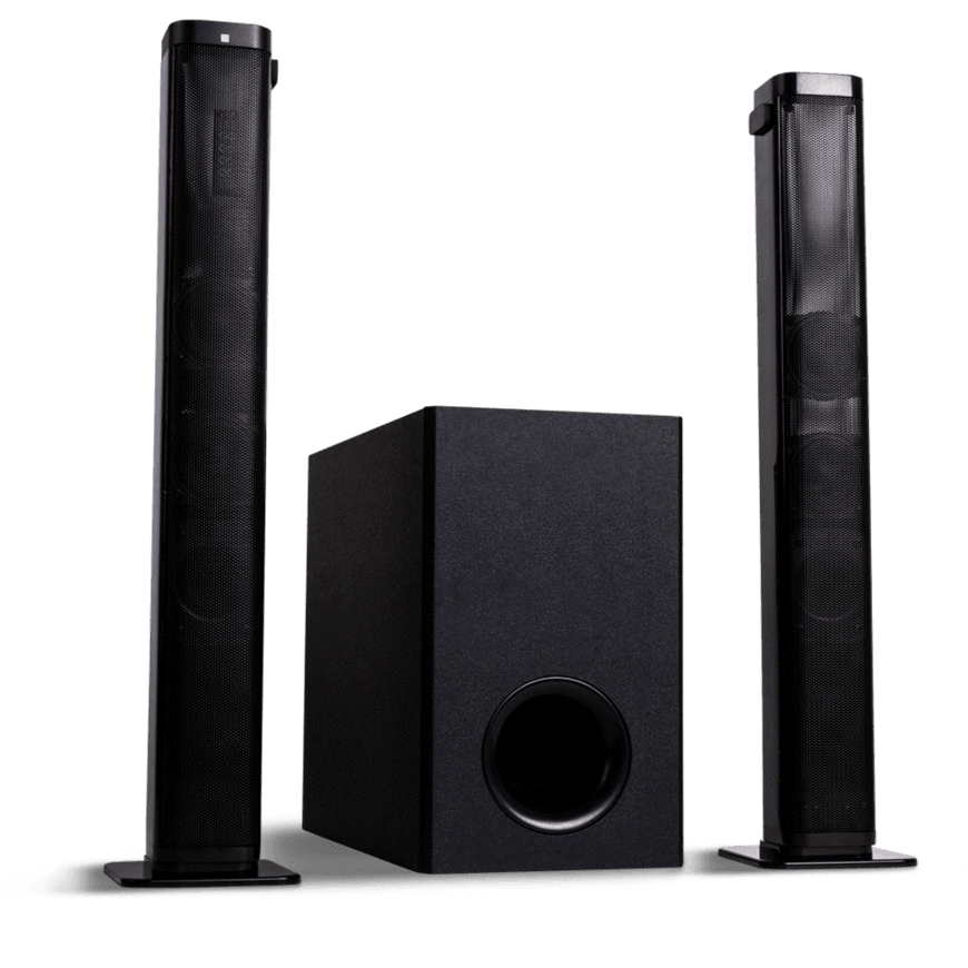 Wasen Aura home audio 2.1 system with two slim tower speakers and subwoofer for living room theater