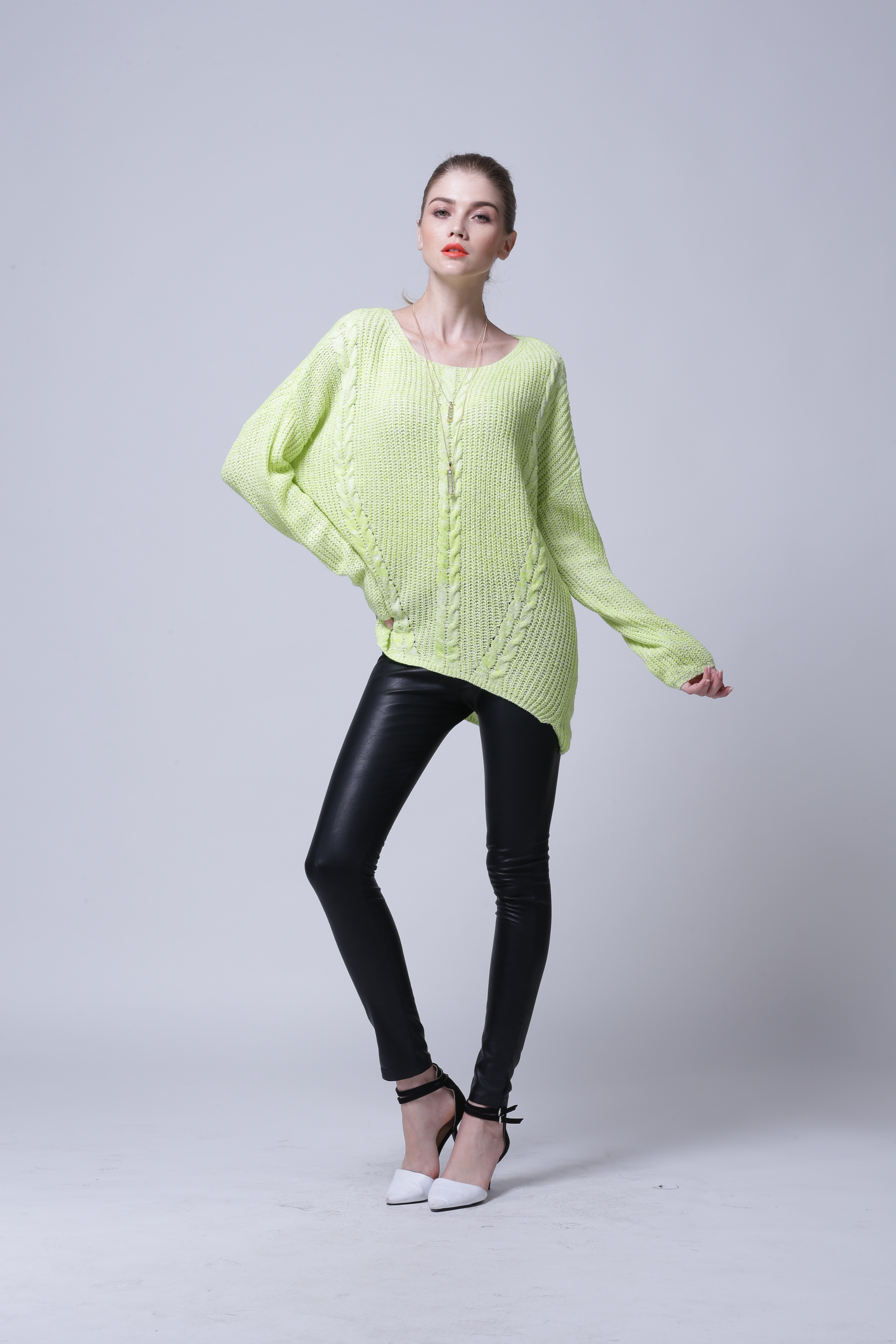 Women's soft knitted pullover IMP109 front standing view showing natural drape and clean cut