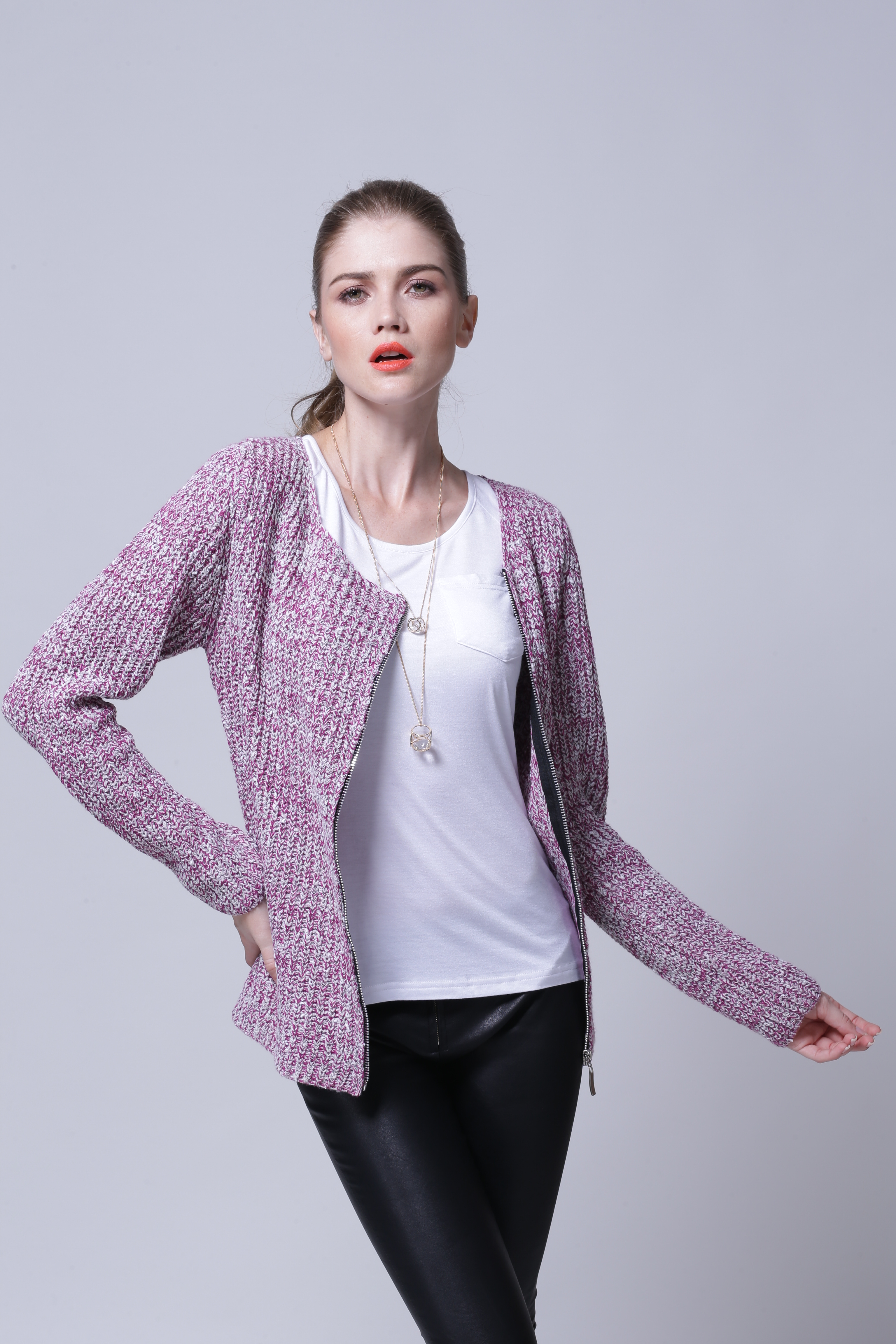 Full-length studio presentation of women's knitted cardigan IMC107