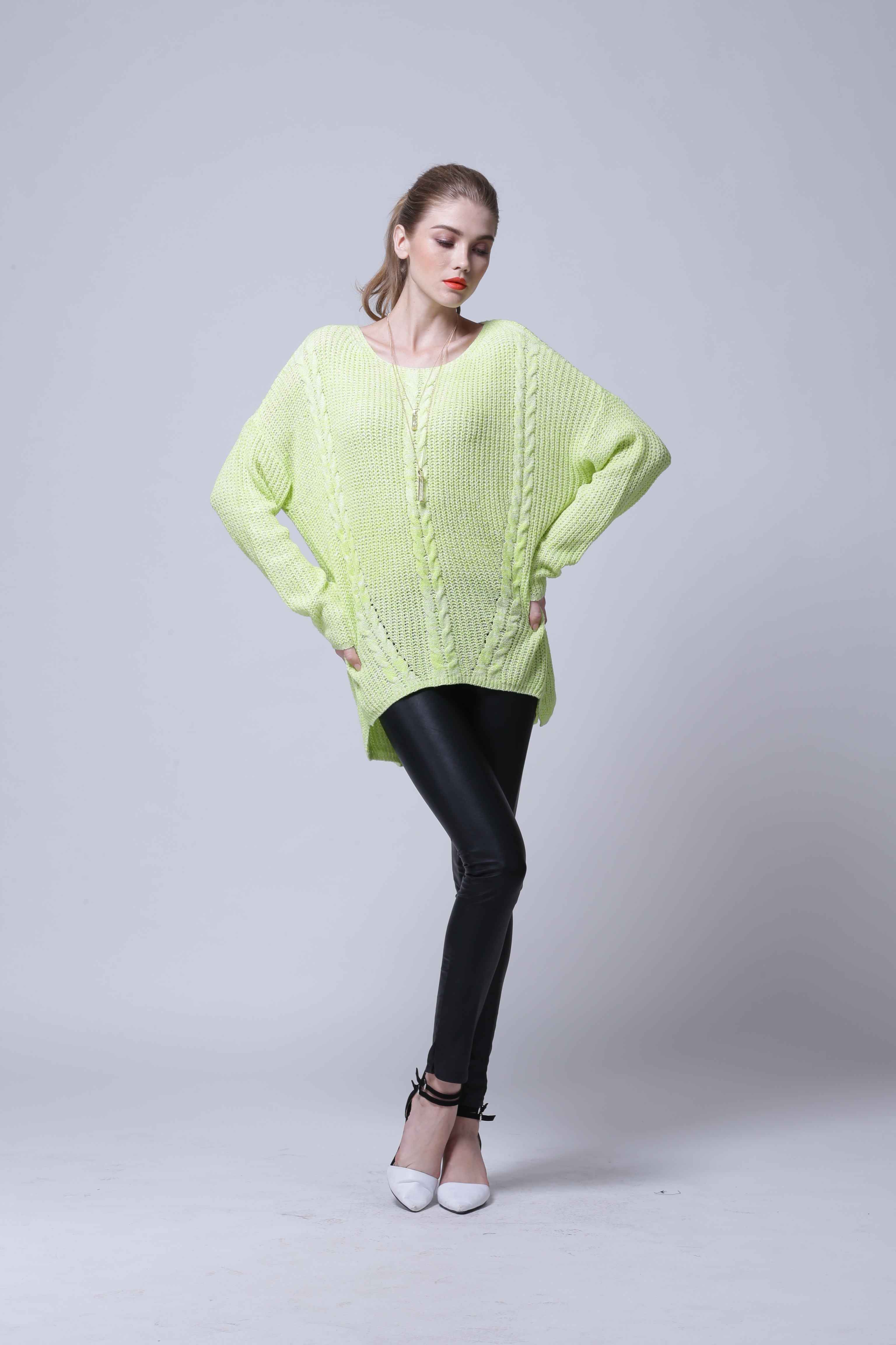Women's soft knitted pullover IMP109 three-quarter angle perspective highlighting garment balance