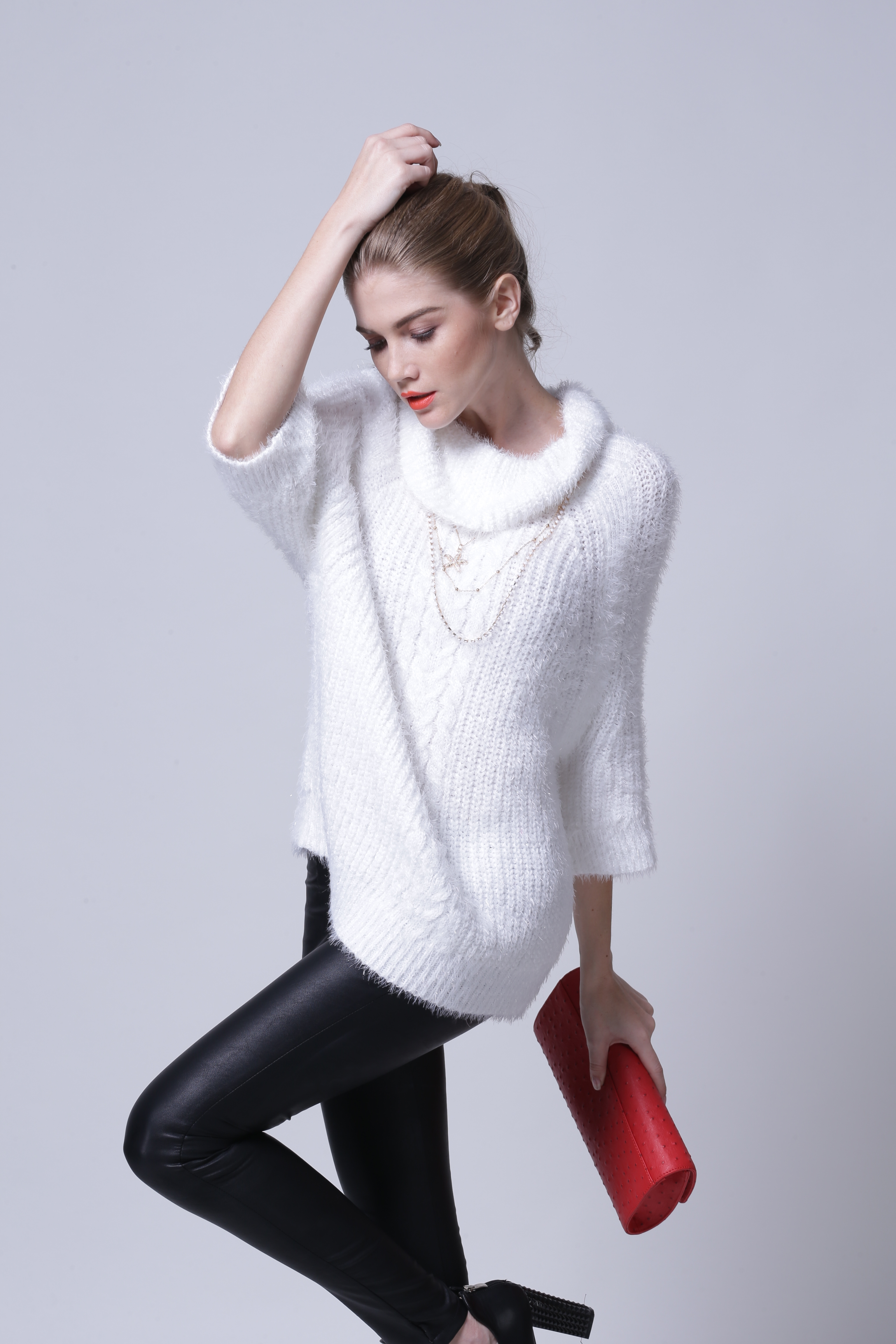 Layered styling composition featuring women's knitted pullover IMP111