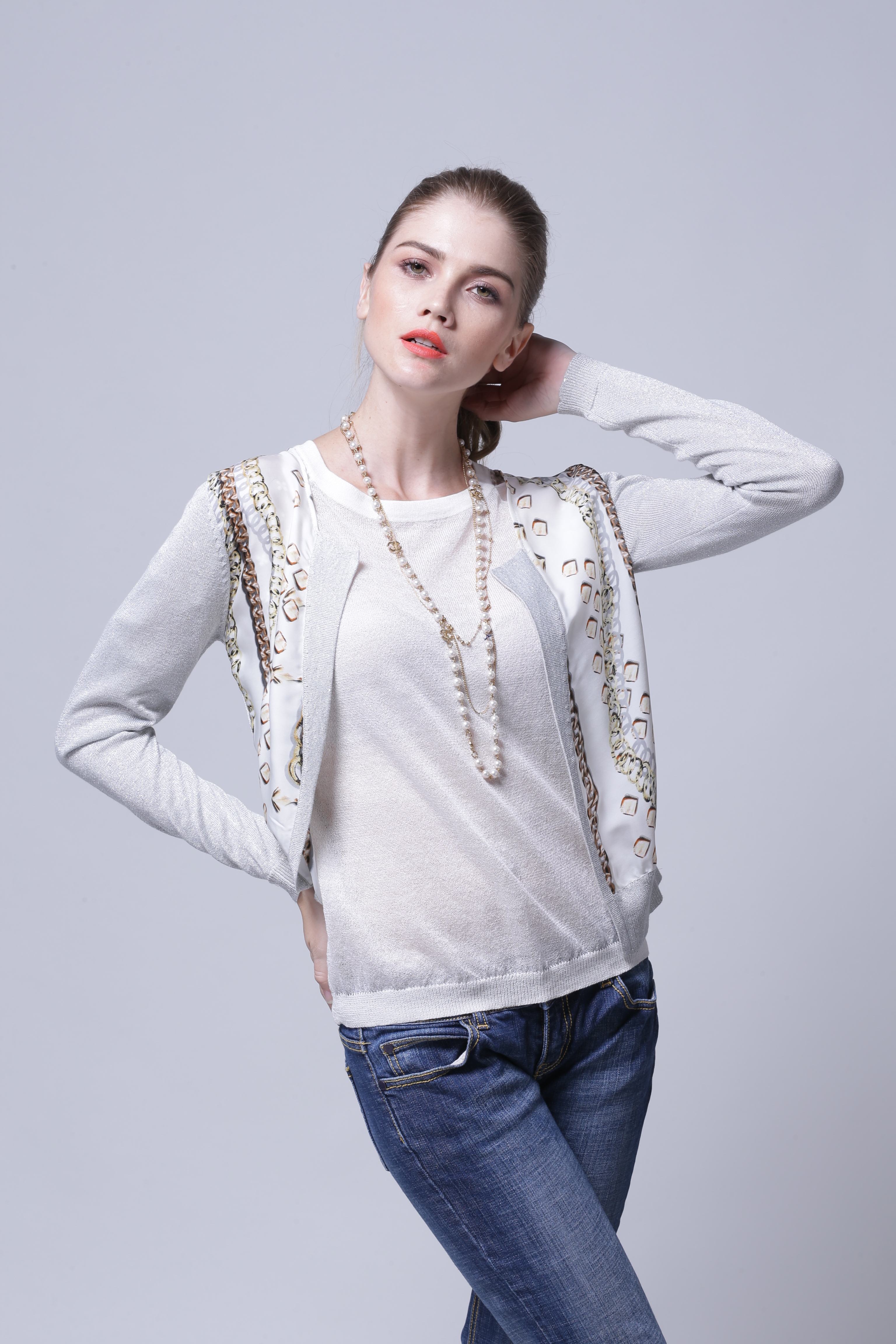 Side silhouette showing relaxed drape on women's cardigan IMC110