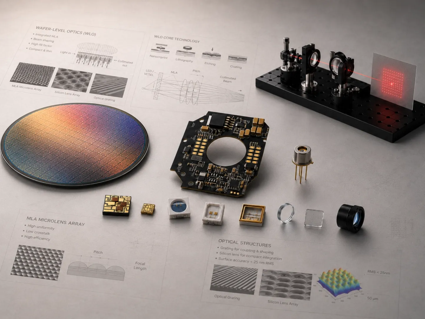VCSEL technology platforms image showing wafer-level VCSEL, FR4 camera PCB, SMD and TO-can packages, optical components, optical bench testing and source development support.