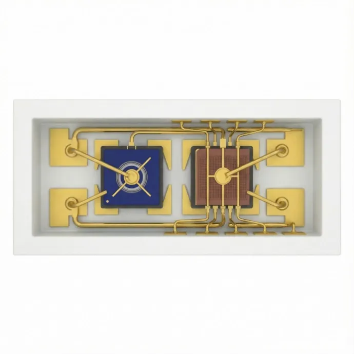 Top view of a 7016 SMD package with separate green LED, red VCSEL and infrared VCSEL emitter regions.