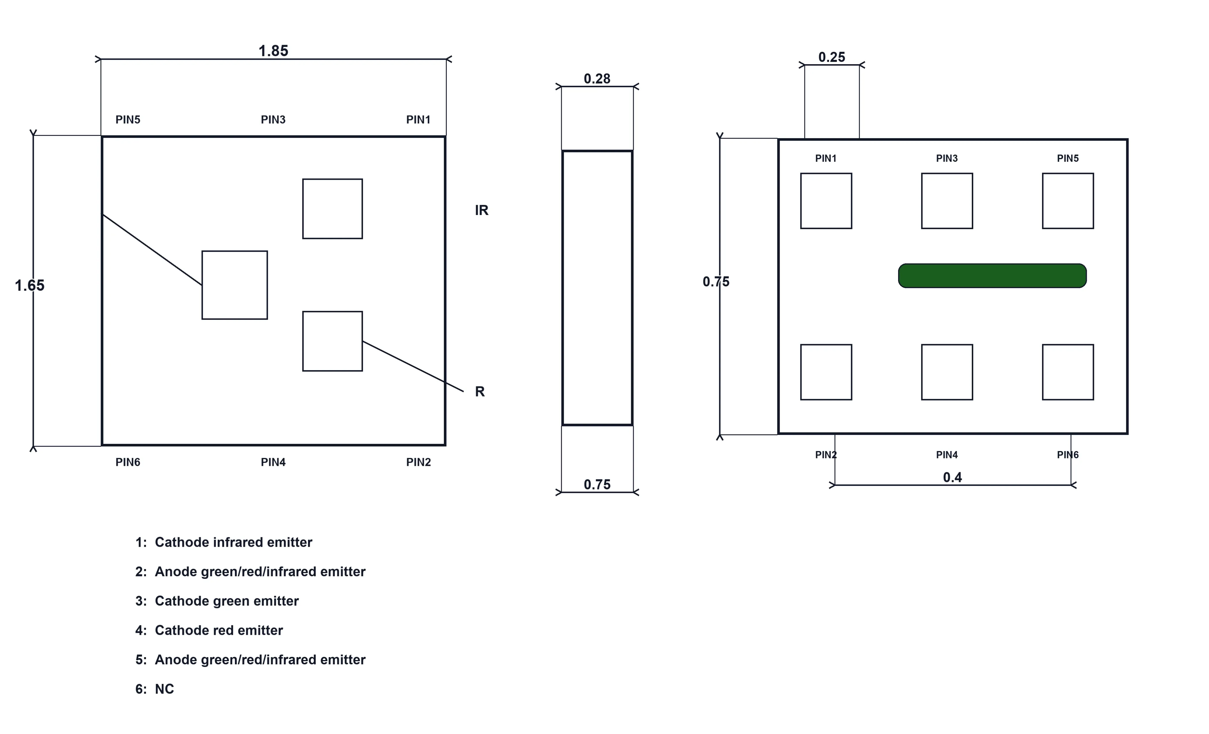 Source mechanical drawing of a six-pin 7016 SMD with green LED, red VCSEL and infrared VCSEL channel positions.