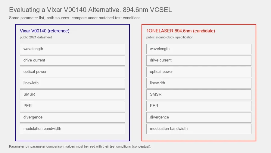 Engineering comparison of Vixar V00140 reference specifications and an alternative 894.6nm VCSEL for a cesium atomic clock