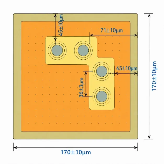 VCSEL die top view layout showing 4-emitter array structure and bonding pad geometry