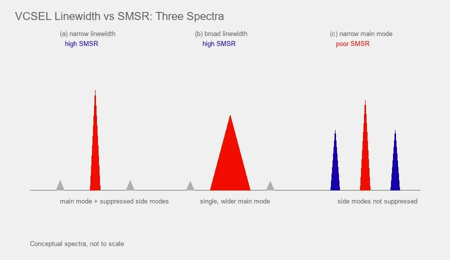 Comparison of VCSEL linewidth and side mode suppression ratio in three optical spectra