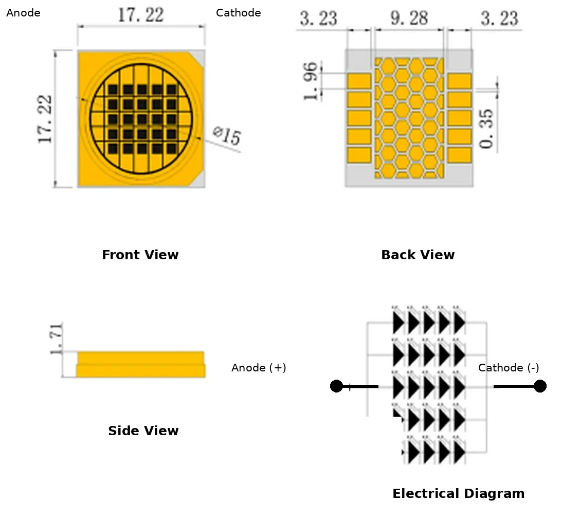 Dimensional drawing of the 660nm 5W VCSEL COB laser array showing the 17.22 x 17.22mm body, 15mm aperture and pad geometry