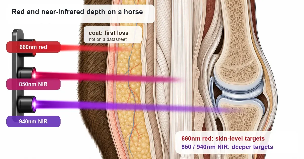 Cross-section of an equine limb showing 660nm red stopping at skin level while 850nm and 940nm near-infrared reach tendon and joint depth