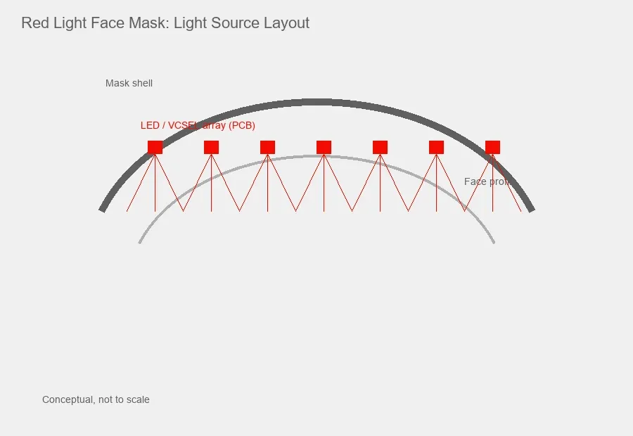 Red light face mask light source layout showing LED array beams converging on a curved facial surface