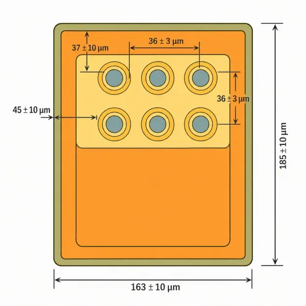 VCSEL die top view layout showing 6-emitter VCSEL die structure and key geometric dimensions