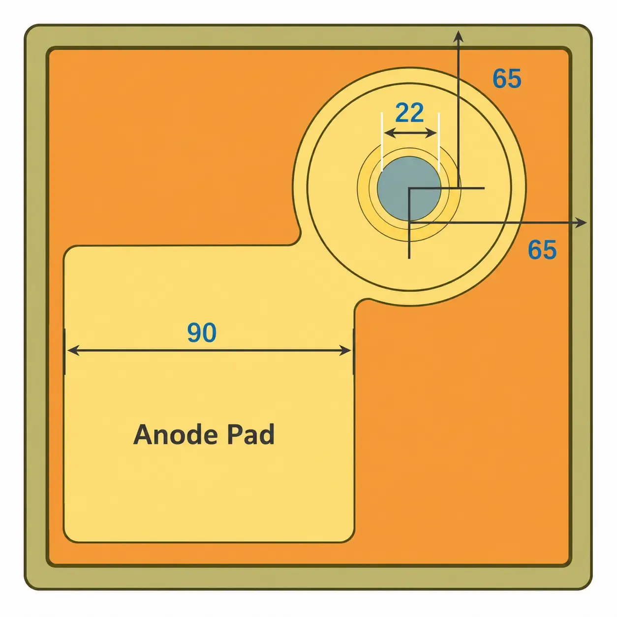 665nm single-emitter VCSEL die top view with anode pad and aperture dimensions