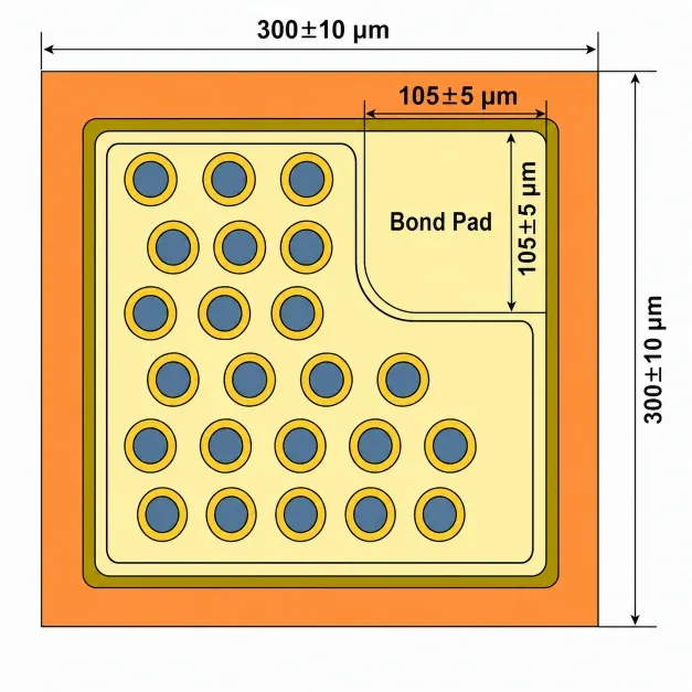 VCSEL die top view showing multi-emitter array structure with 300 µm class chip size, bonding pad region and key dimensional layout