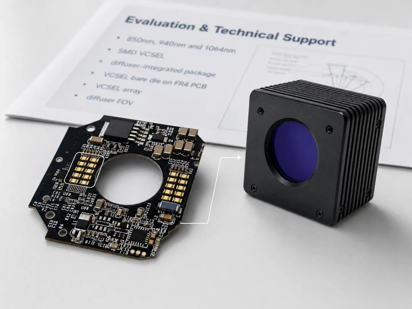 用这个,**约 167 字符**: **Alt** Sensing and machine vision support image showing a camera module, VCSEL bare die on FR4 PCB, and 850nm, 940nm, 1064nm NIR source evaluation notes.