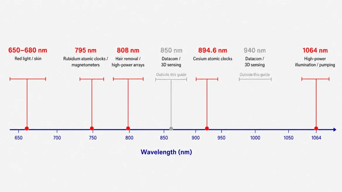 Map of VCSEL wavelengths from 650 to 1064 nm to typical applications: red light, hair removal, high-power illumination, and atomic sensing.