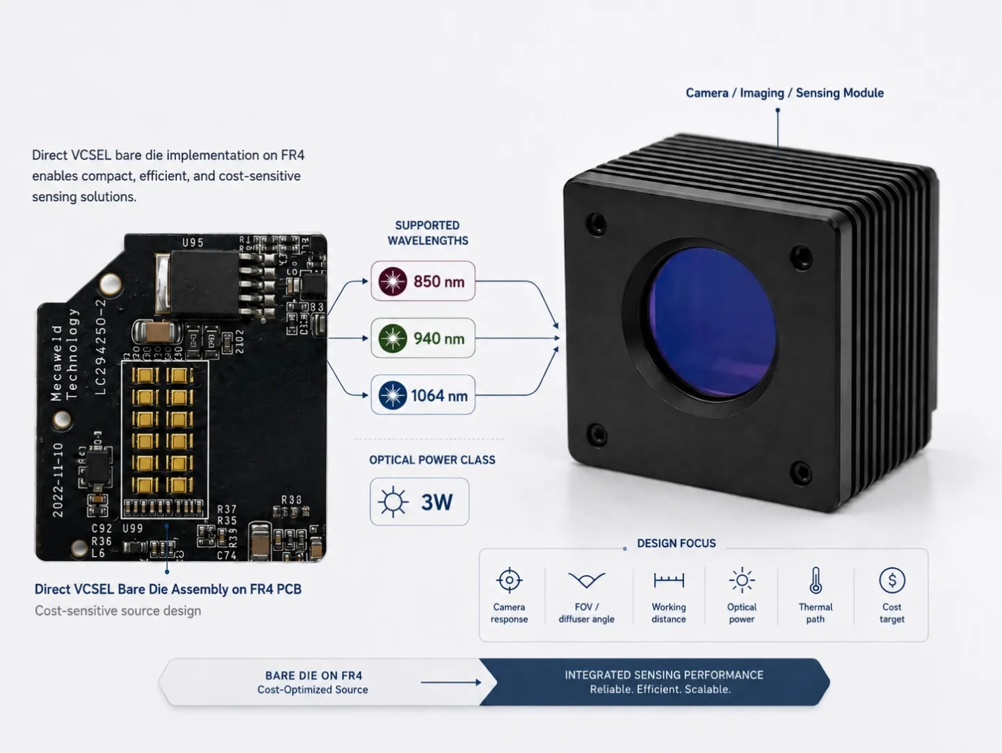 Camera sensing module platform using direct VCSEL bare die assembly on FR4 PCB with 850 nm, 940 nm and 1064 nm wavelength options and 3W optical power class