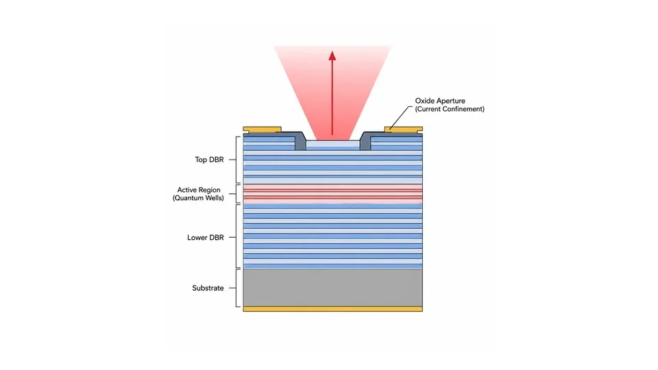 Cross-section of a top-emitting oxide-confined VCSEL showing DBR mirrors, quantum-well active region, oxide aperture, and vertical light emission.