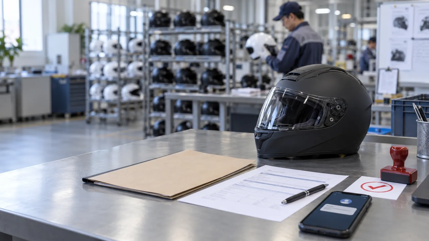 Motorcycle helmet, order documents and verification stamp illustrating a bank-detail change payment check