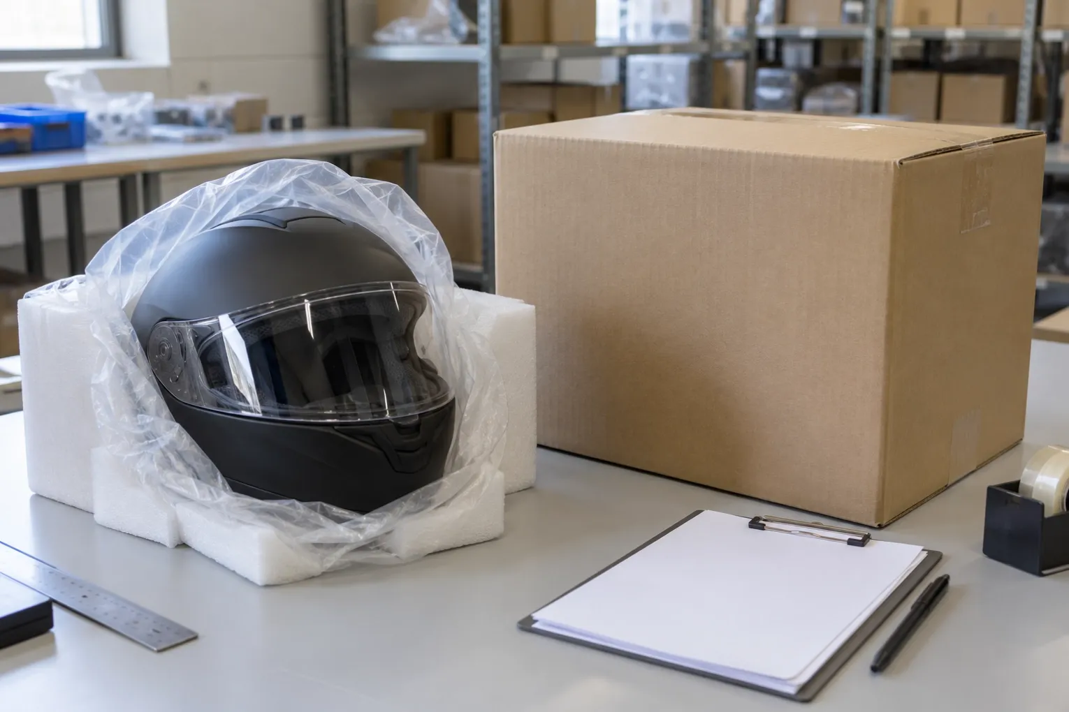 AI-assisted illustration of an unbranded motorcycle helmet beside a shipping carton and blank checklist