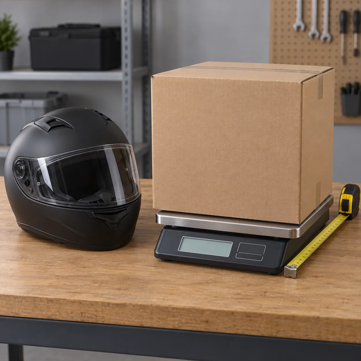 AI-assisted illustration of a motorcycle helmet beside a sealed sample carton on a scale with a measuring tape