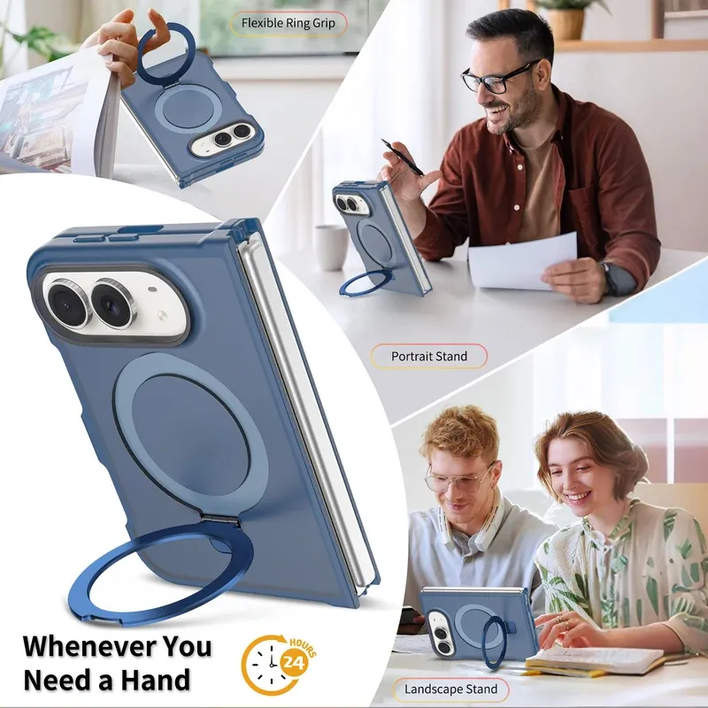 Flexible ring grip in portrait and landscape on the navy blue case for iPhone Duo