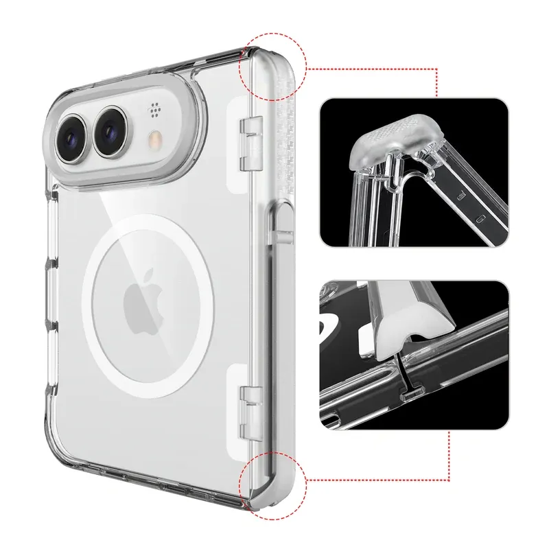 Mid-axis hinge structure detail of the Clear iPhone Duo bracket case
