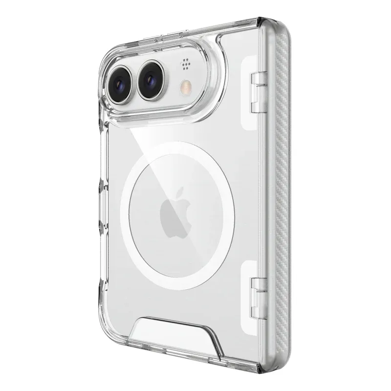 Clear space shell magnetic case for iPhone Duo from a side angle