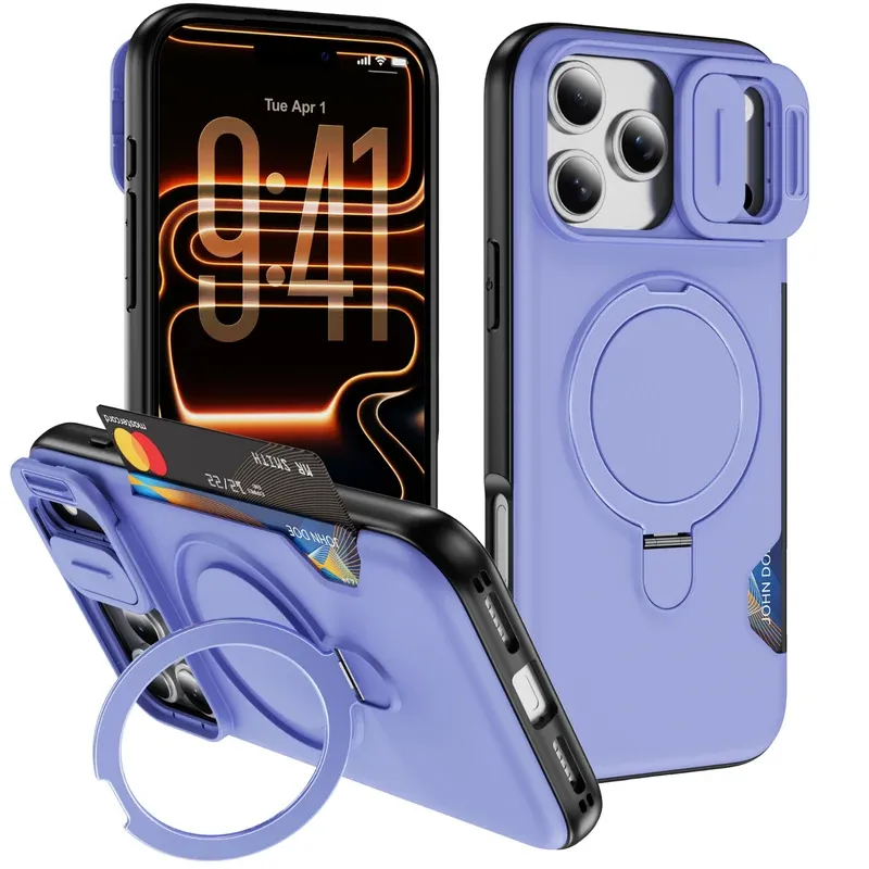 Light purple slide-window MagSafe case for iPhone 18 Pro Max with kickstand and card slot